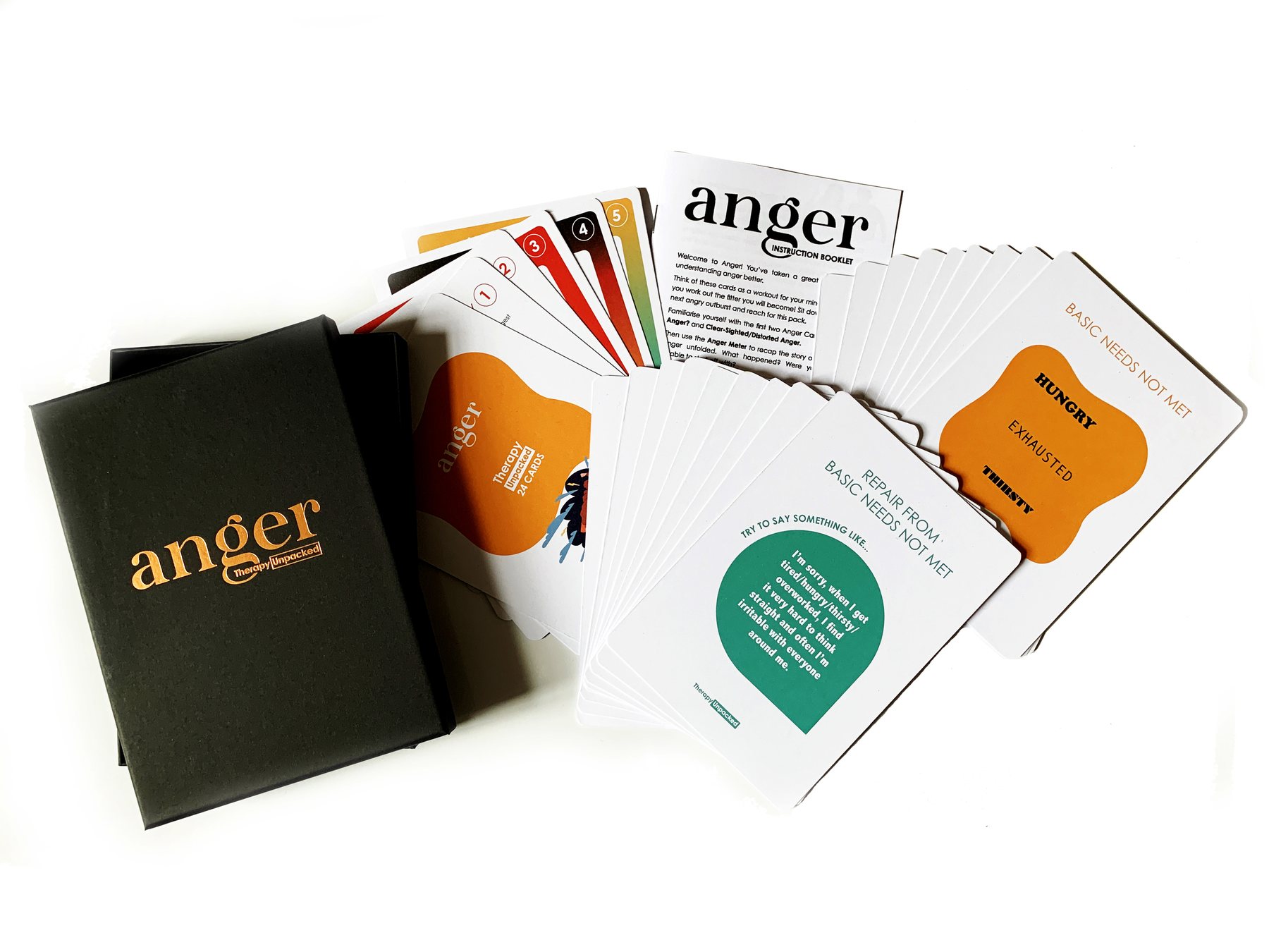 The Anger Therapy Unpacked deck: a charcoal box with copper foil lettering, the instruction booklet, and the 24 cards fanned out.